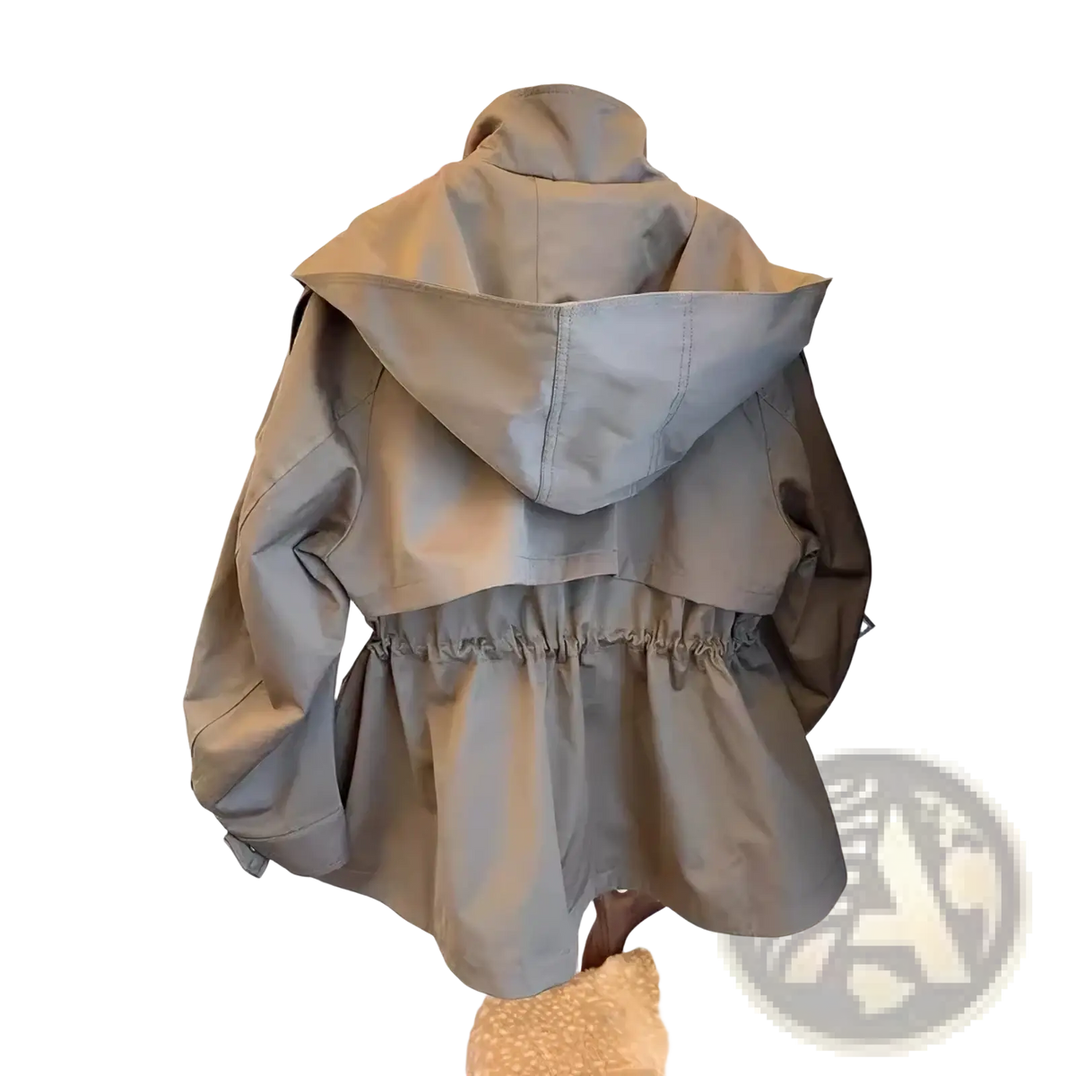 Beige hooded korean trench coat with cinched waist and relaxed fit casual loose windbreaker for everyday wear