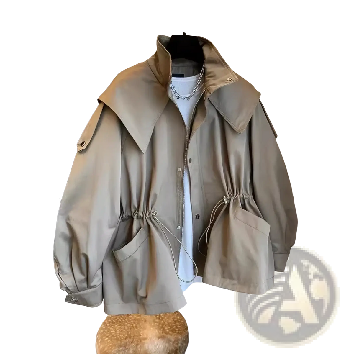 Beige korean trench coat with wide collar drawstring waist and pockets casual loose windbreaker design