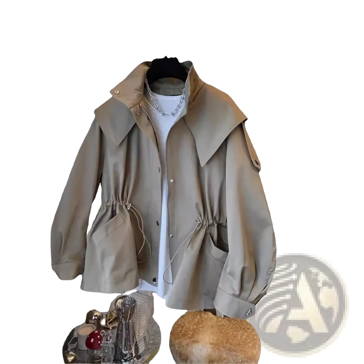 Beige korean trench coat casual loose windbreaker with wide collar drawstring waist and buttoned cuffs