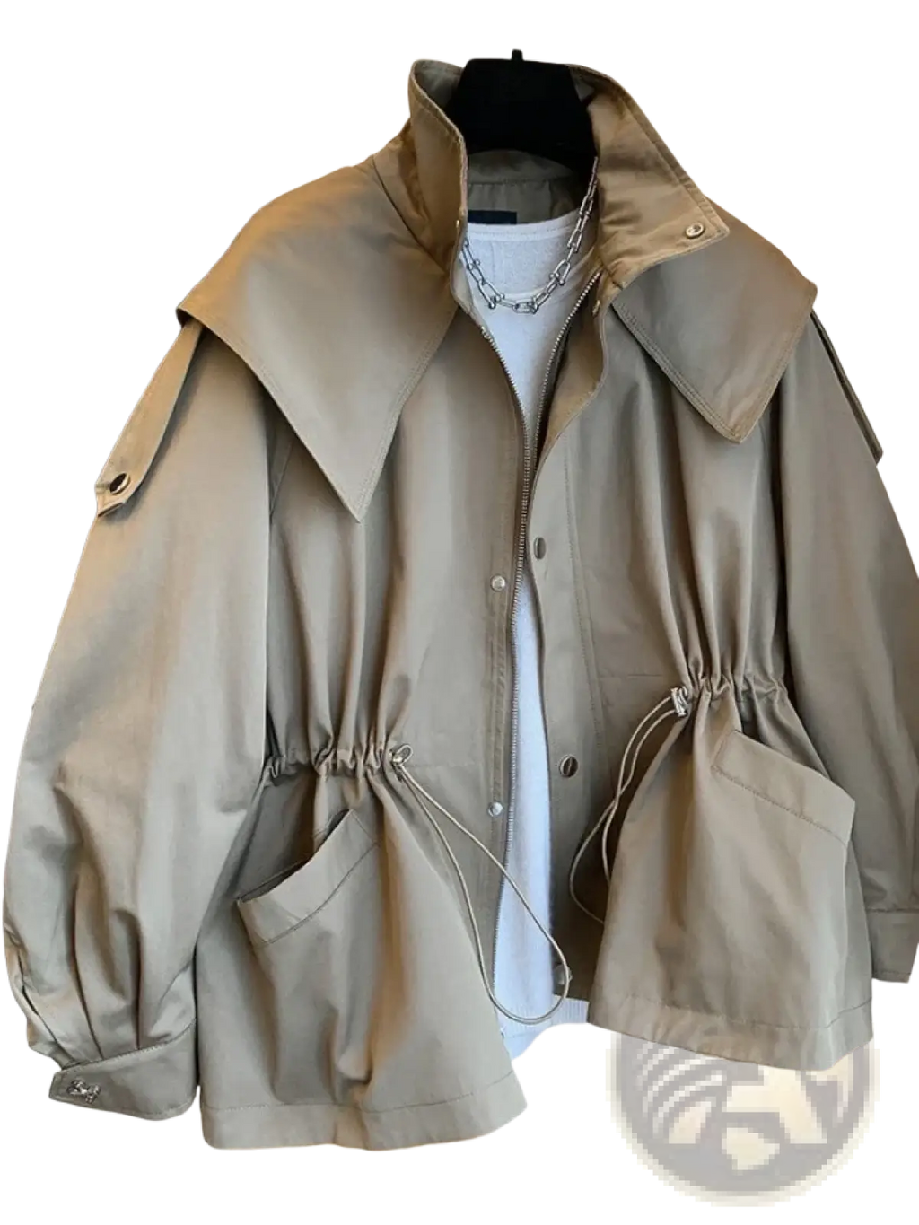 Beige korean trench coat casual loose windbreaker with wide collar drawstring waist and pockets for everyday wear