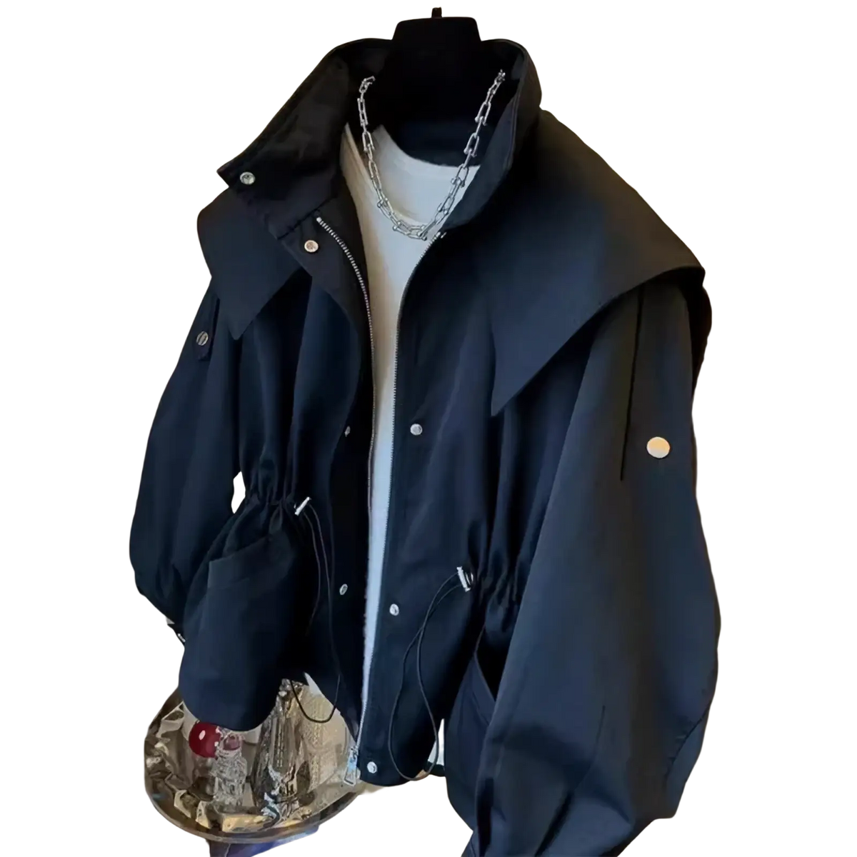 Black oversized Korean trench coat with wide collar silver buttons and zipper details for casual wear