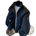 Black oversized Korean trench coat with wide collar silver buttons and zipper details for casual wear