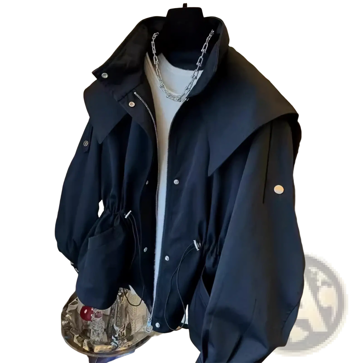 Black oversized Korean trench coat with wide collar silver buttons and zipper details for casual wear