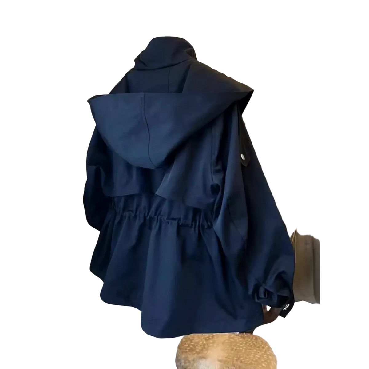 Dark navy blue hooded korean trench coat casual loose windbreaker with ruffled waistband and elastic cuffs