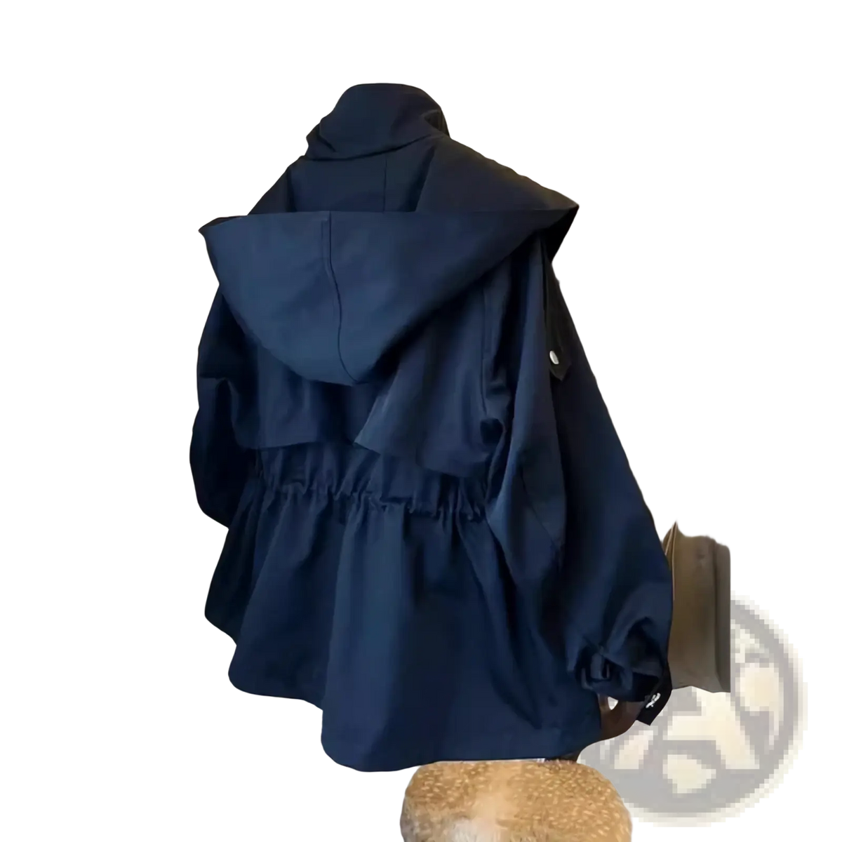 Dark navy blue hooded korean trench coat casual loose windbreaker with ruffled waistband and elastic cuffs