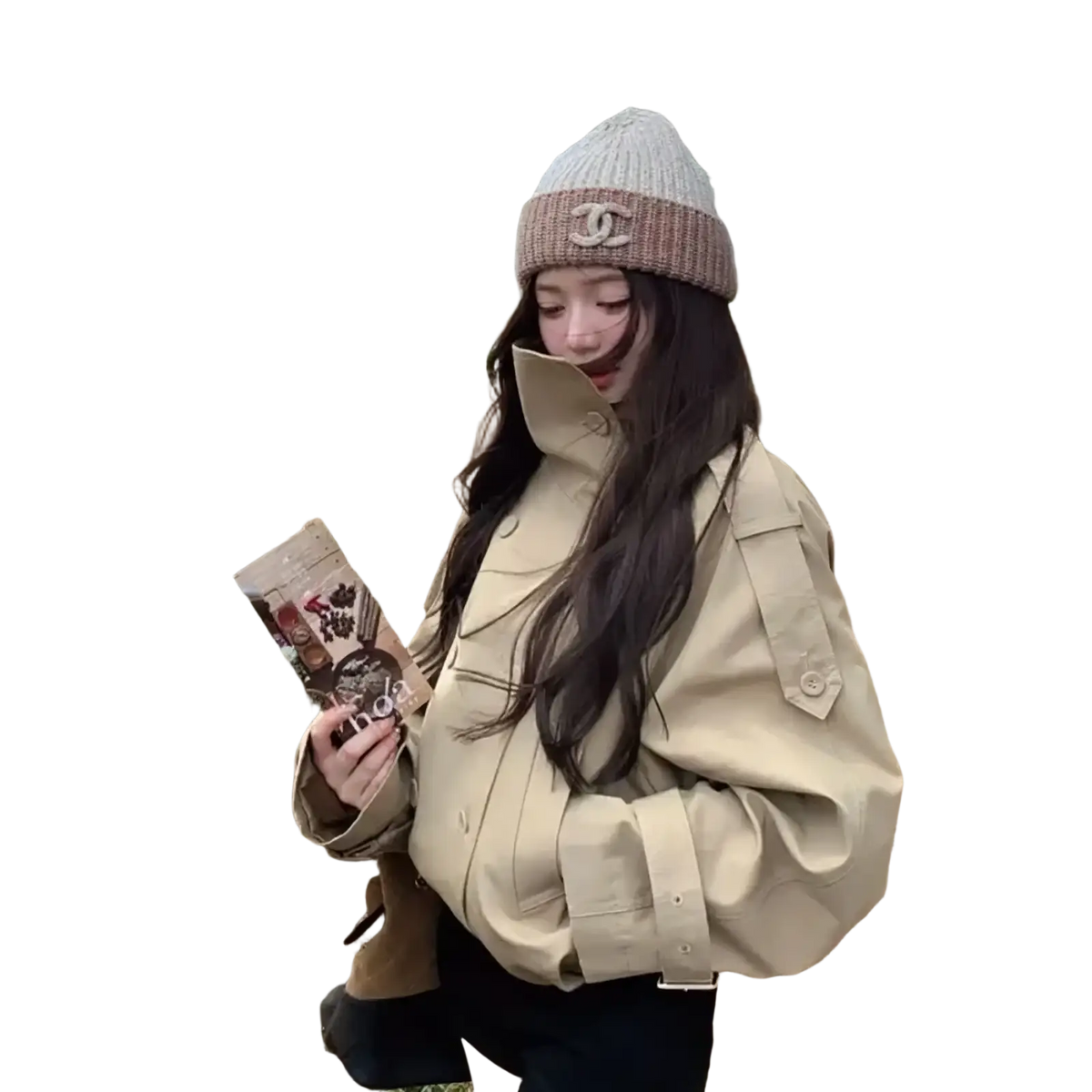 Beige Korean trench coat utility jacket with belted waist and flap pockets in lightweight cotton material