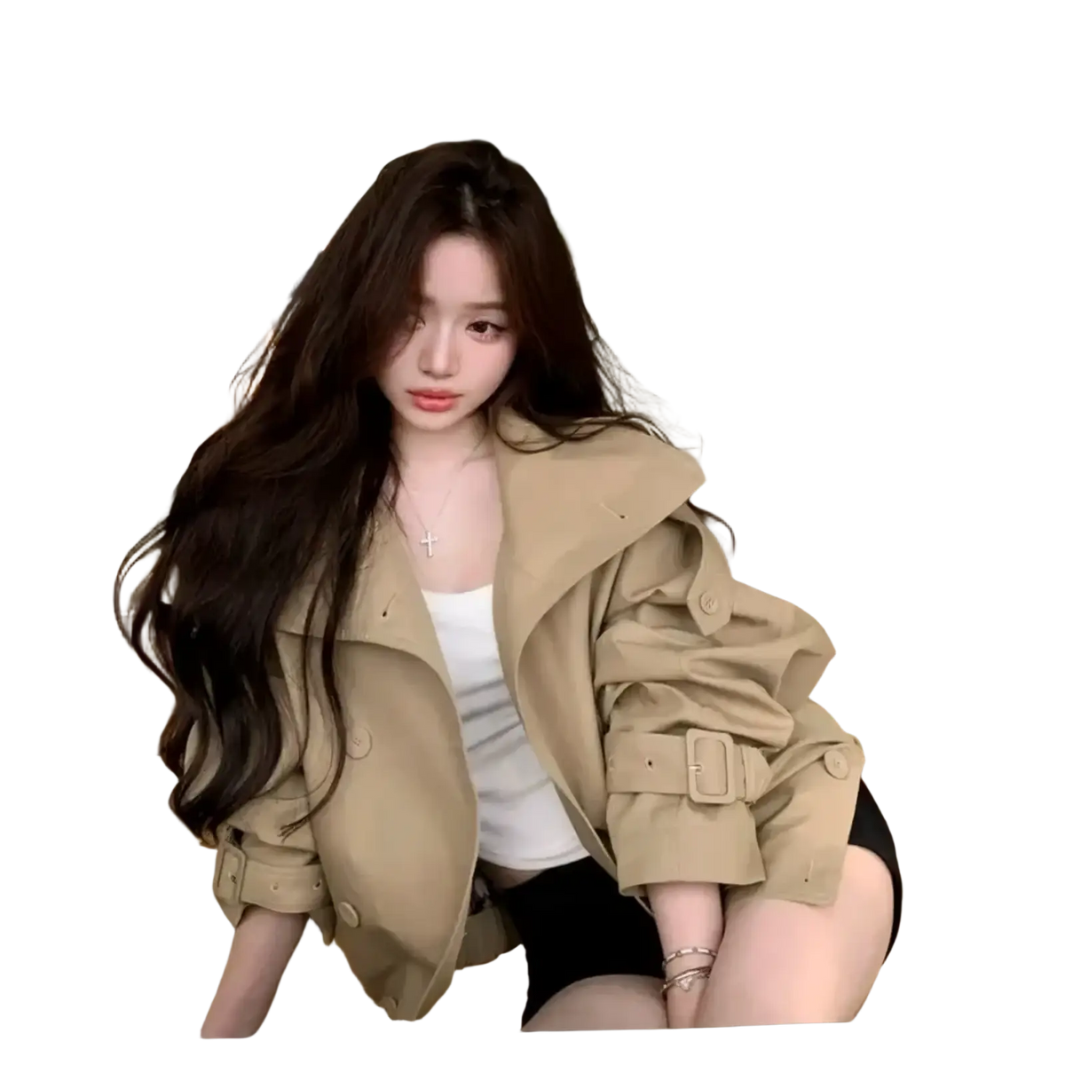Beige korean trench coat utility jacket with belted waist and buttoned cuffs in lightweight fabric