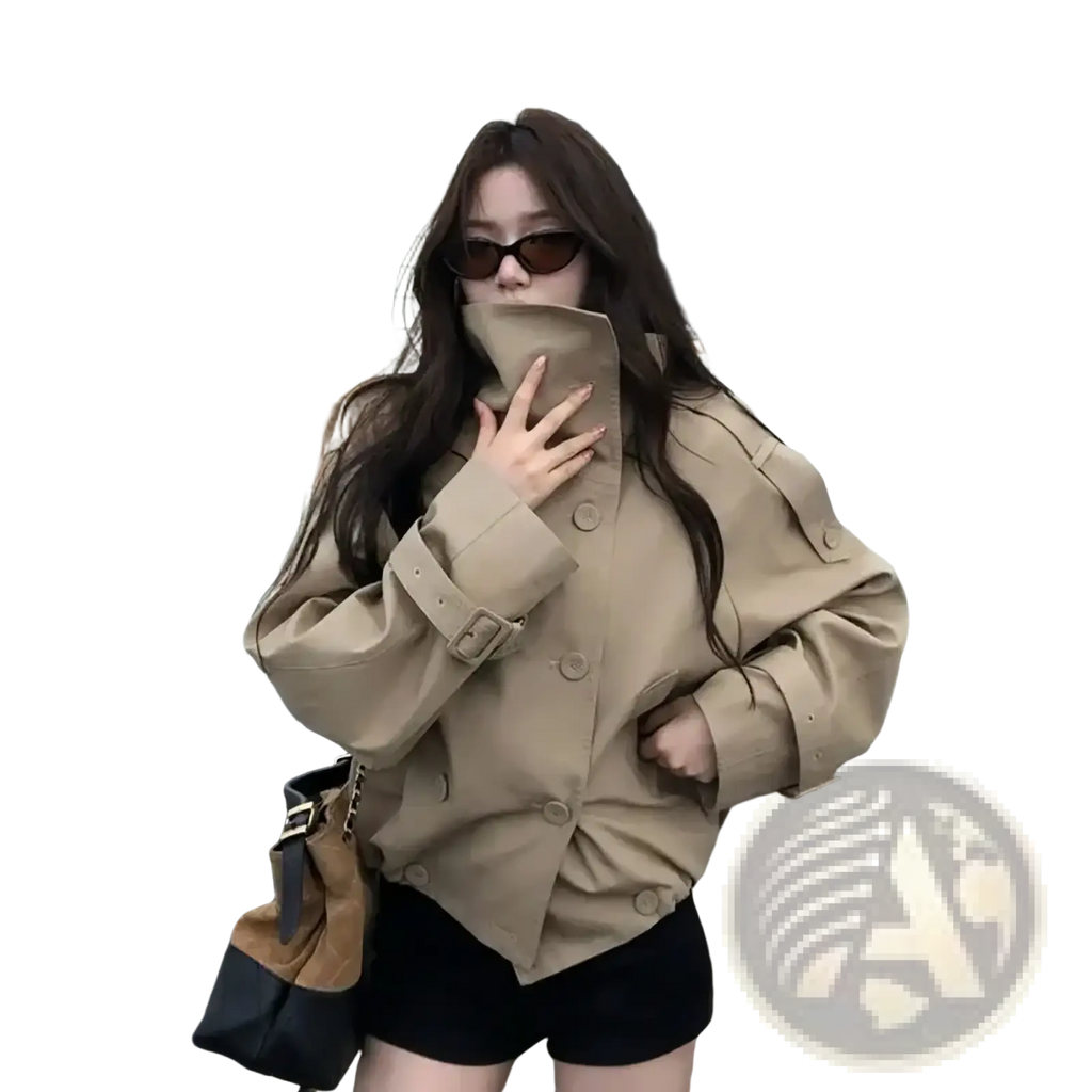 Beige Korean trench coat utility jacket with belted cuffs and button closures in a lightweight fabric