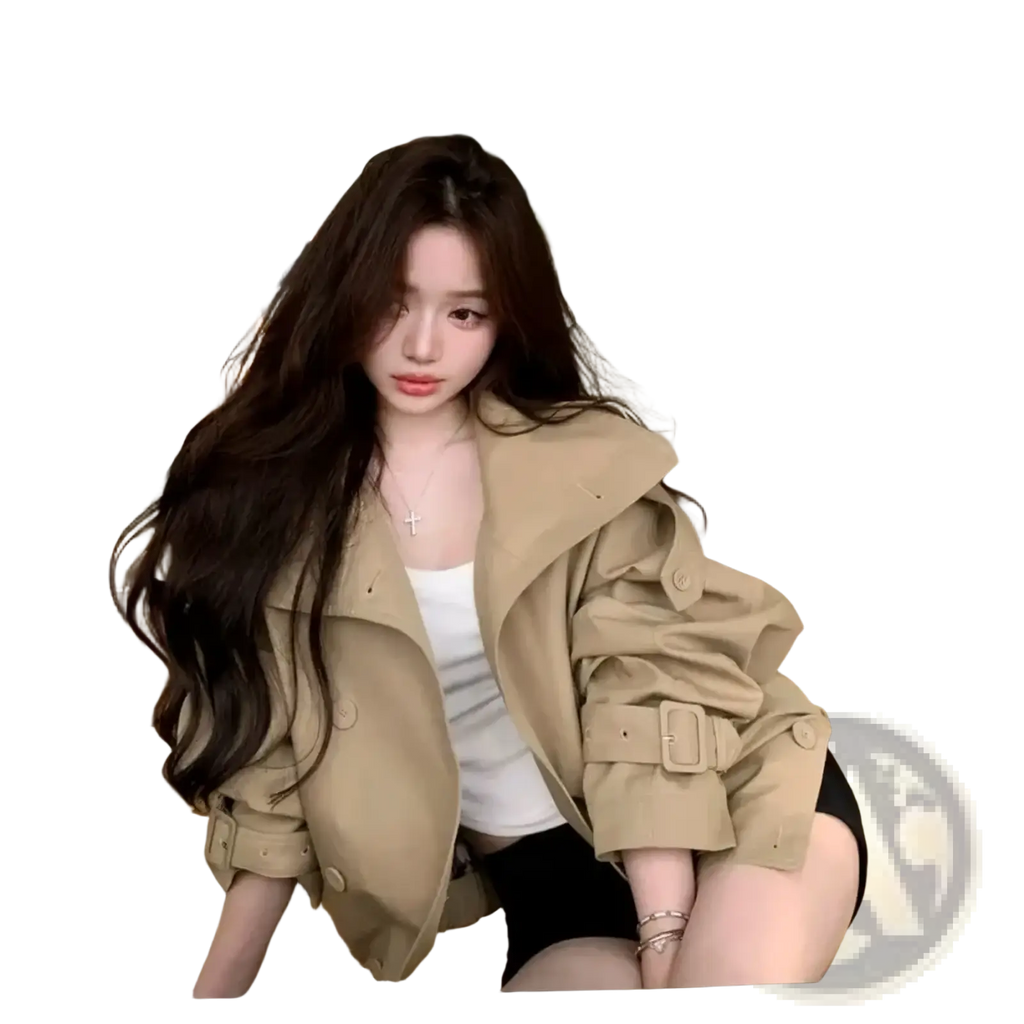 Beige korean trench coat utility jacket with belted waist and buttoned cuffs in lightweight fabric