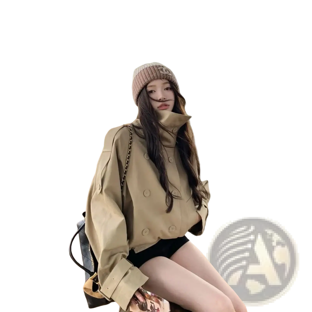 Beige korean trench coat utility jacket with double-breasted buttons and wide cuffs for versatile outerwear