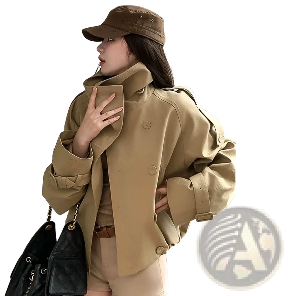 Tan Korean trench coat utility jacket with high collar double-breasted front and adjustable cuffs in durable fabric