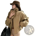 Tan Korean trench coat utility jacket with high collar double-breasted front and adjustable cuffs in durable fabric