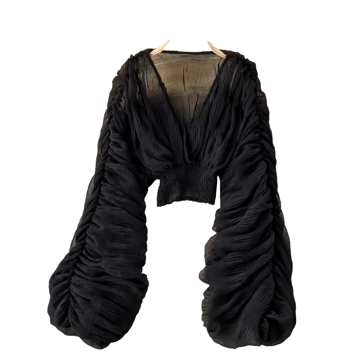 Black ruched chiffon Korean v-neck lantern sleeve blouse with deep v-neck and elastic waistband for elegant wear