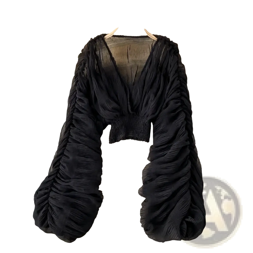 Black ruched chiffon Korean v-neck lantern sleeve blouse with deep v-neck and elastic waistband for elegant wear
