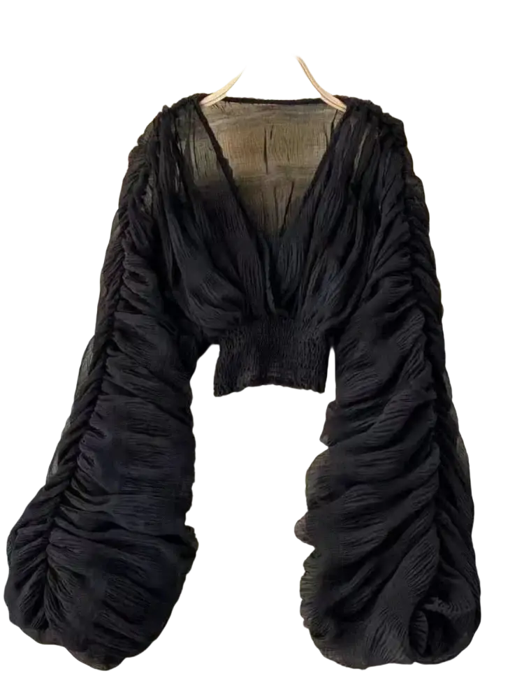 Black ruched long-sleeved crop top with sheer chiffon fabric and elastic waistband in korean v-neck lantern sleeve style