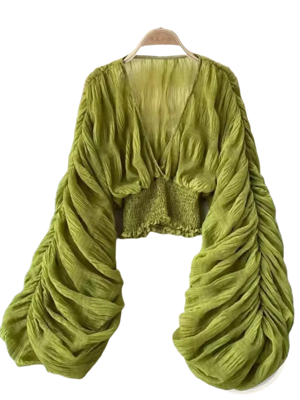 A vibrant olive green Korean v-neck lantern sleeve chiffon blouse with ruched long sleeves and a smocked waistband