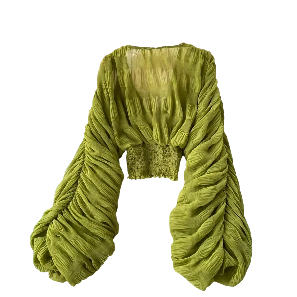 A vibrant lime green ruched Korean V-neck lantern sleeve chiffon blouse with a smocked waistband and long sleeves