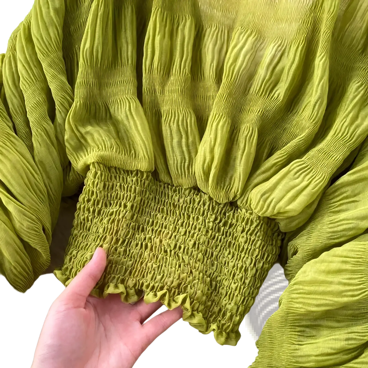 A vibrant lime green Korean v neck lantern sleeve chiffon blouse with pleats smocked waistband and ruffled hem
