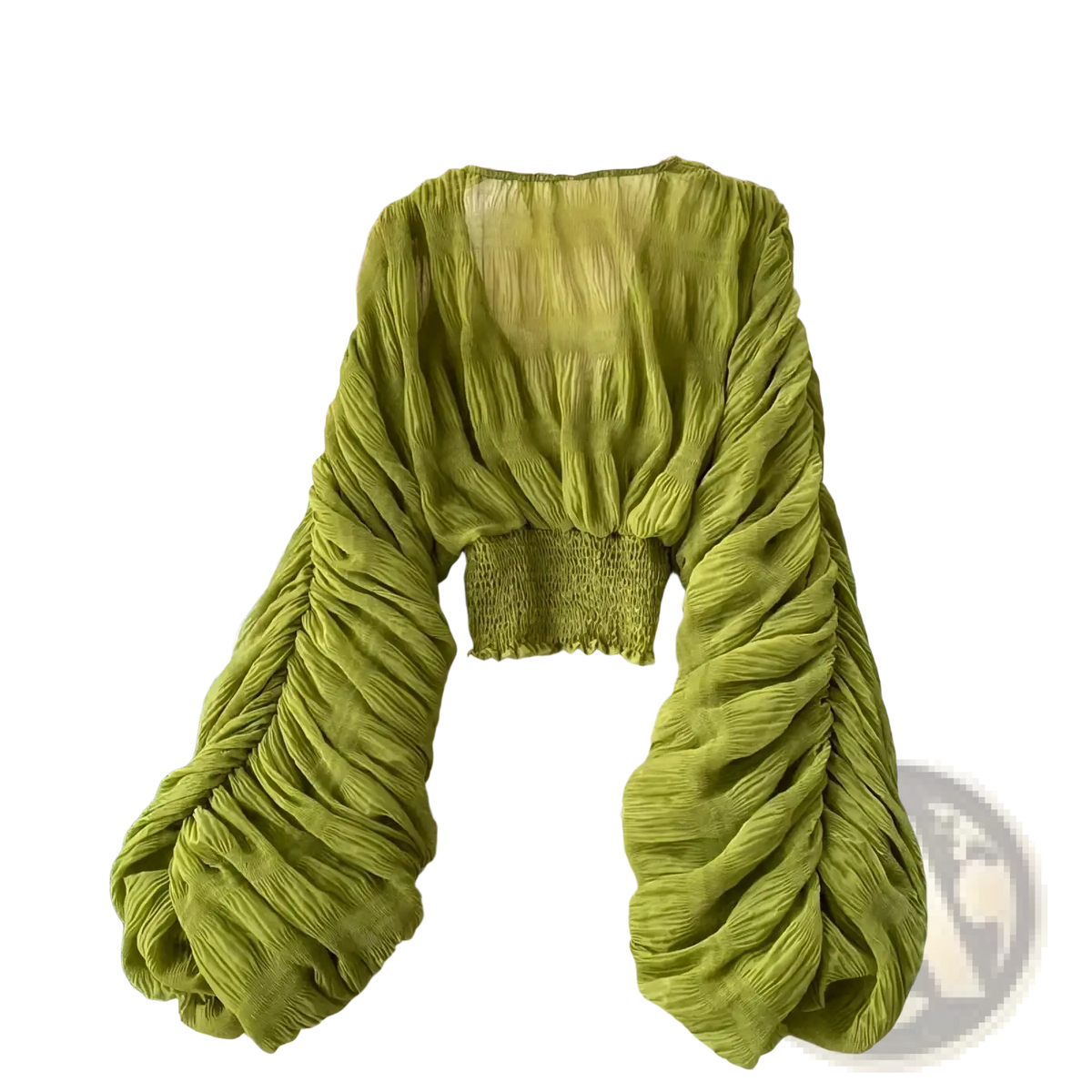 A vibrant lime green ruched Korean V-neck lantern sleeve chiffon blouse with a smocked waistband and long sleeves