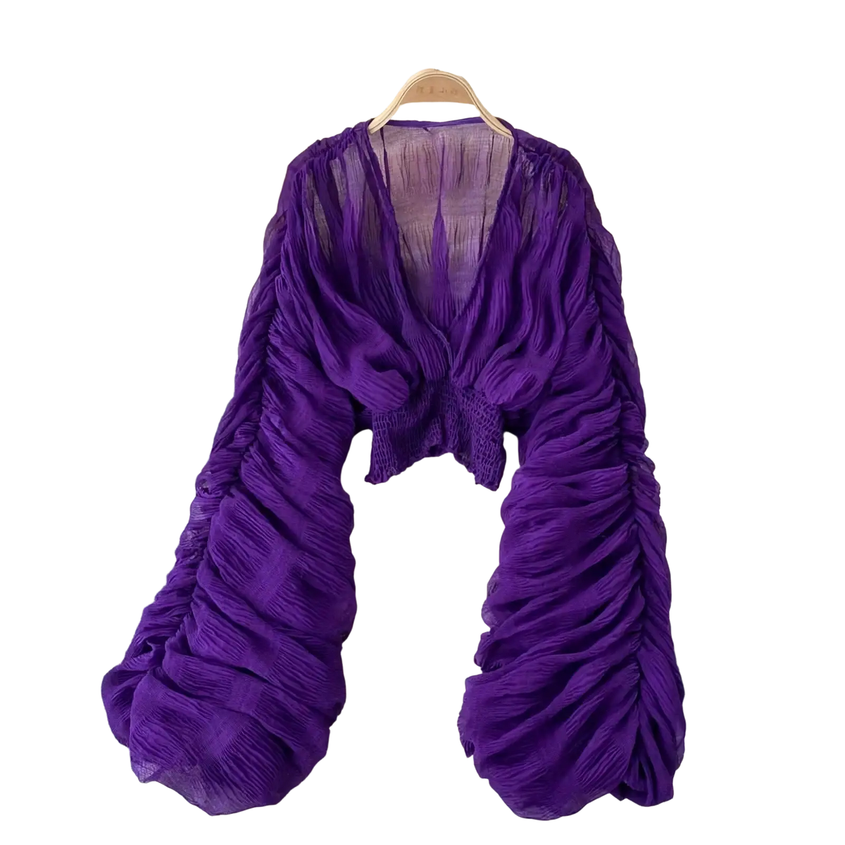 Vibrant purple Korean v-neck lantern sleeve chiffon blouse with ruched detailing and puffed sleeves