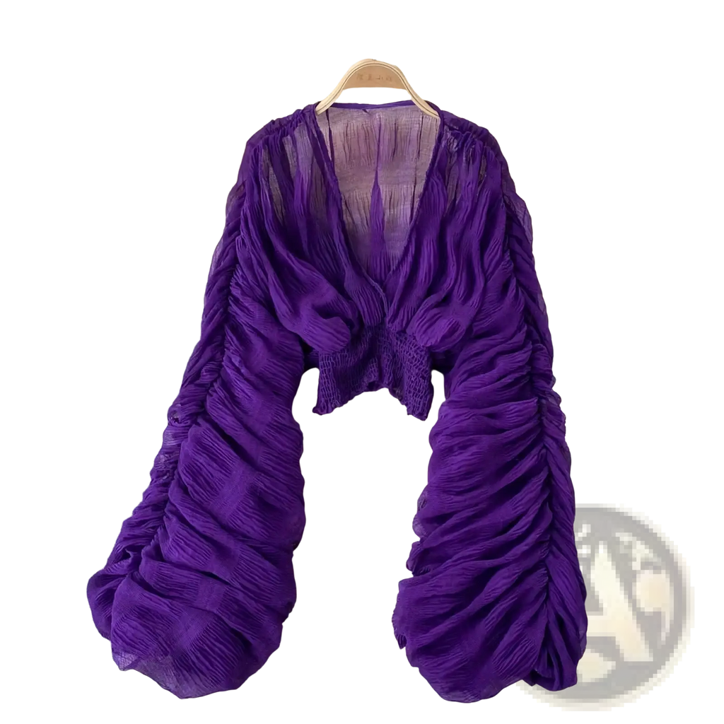Vibrant purple Korean v-neck lantern sleeve chiffon blouse with ruched detailing and puffed sleeves