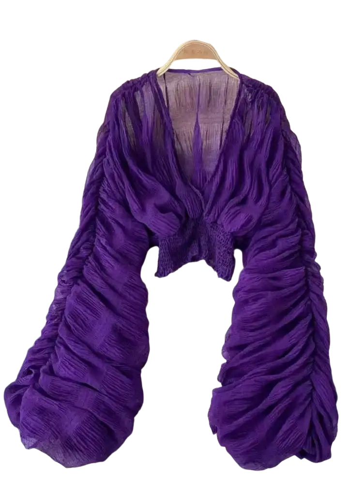 A vibrant purple Korean v-neck lantern sleeve chiffon blouse with ruched sheer fabric and voluminous sleeves