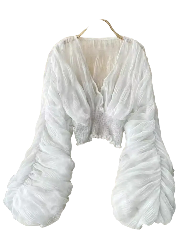 White ruched long-sleeved chiffon crop top with v-neckline and smocked waistband Korean lantern sleeve blouse