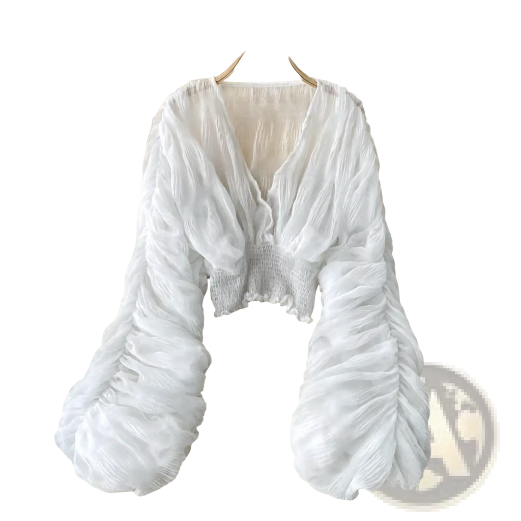 White ruched long-sleeved crop top with smocked waistband in Korean V-neck lantern sleeve chiffon blouse style
