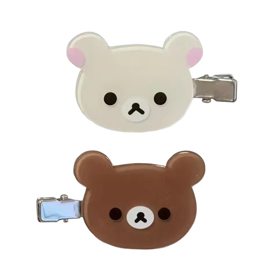 Two rilakkuma korilakkuma hair clips featuring white and brown bear faces for cute anime bear hair pins accessory