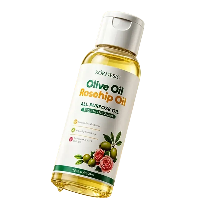 Kormesic olive rosehip body massage oil in a clear bottle with white cap containing golden-yellow liquid and olive rose label