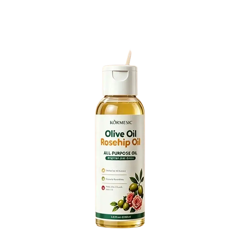 A clear bottle of Kormesic olive rosehip body massage oil with white flip-top cap and label featuring olives and roses