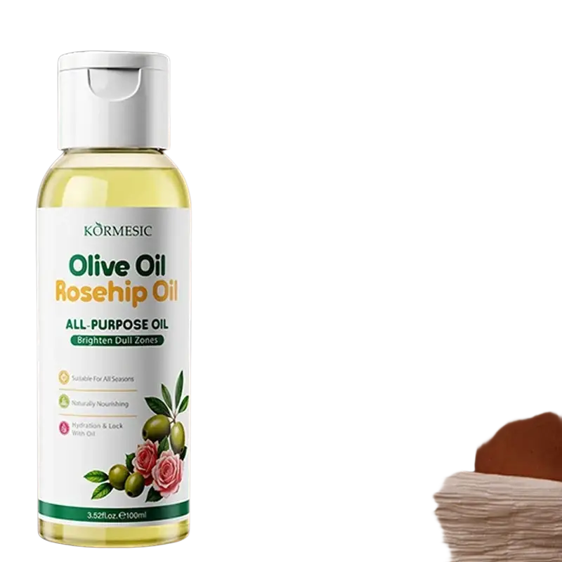 A clear bottle of kormesic olive rosehip body massage oil with white flip-top cap and golden-yellow liquid inside