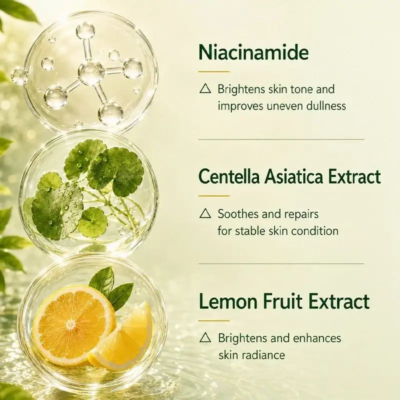 Clear glass petri dishes showing niacinamide centella asiatica and lemon fruit extracts for kormesic olive rosehip body massage oil