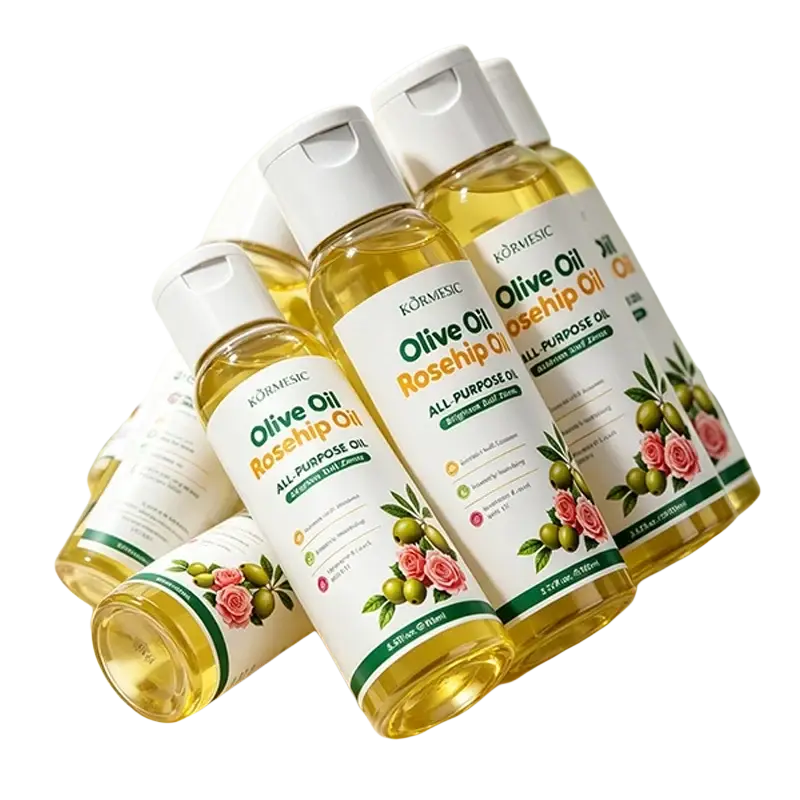 Clear plastic bottles of kormesic olive rosehip body massage oil with golden yellow liquid and green white decorative labels