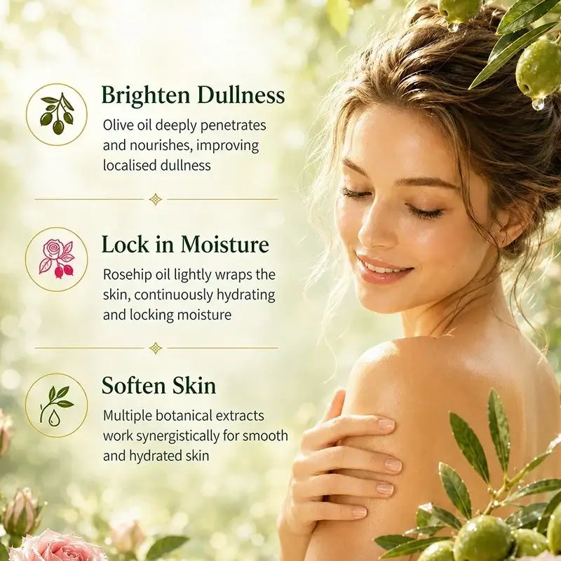 A woman with brown hair gently smiles holding her arm near olive branches in a sunlit garden for Kormesic Olive Rosehip Body Massage Oil