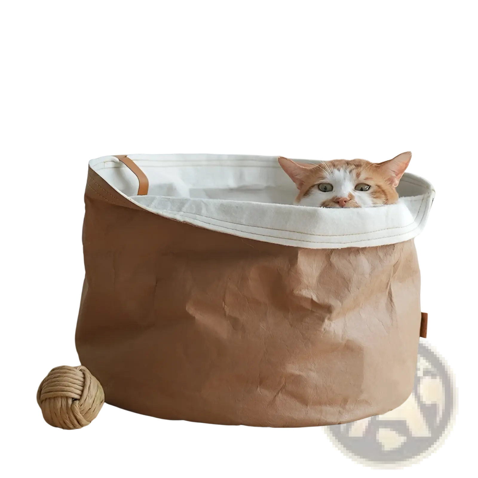 Brown paper pet bed with white interior lining and tan leather handles for dog and cat nesting and storage