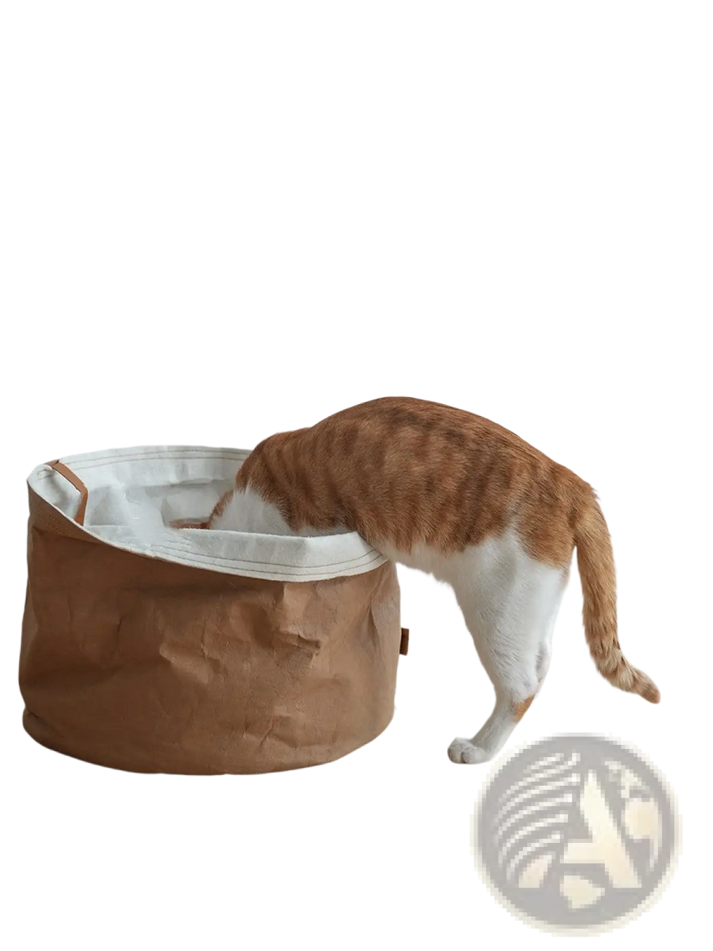 Brown kraft paper pet bed with white interior lining and tan handles designed as a washable round dog cat nest