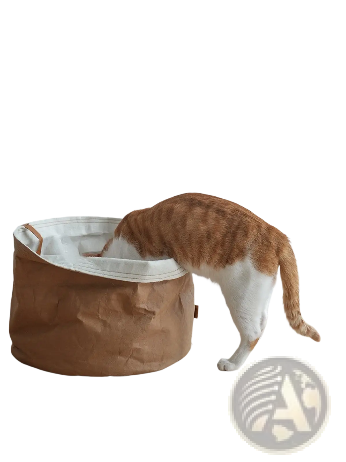 Brown kraft paper pet bed with white interior lining and tan handles designed as a washable round dog cat nest