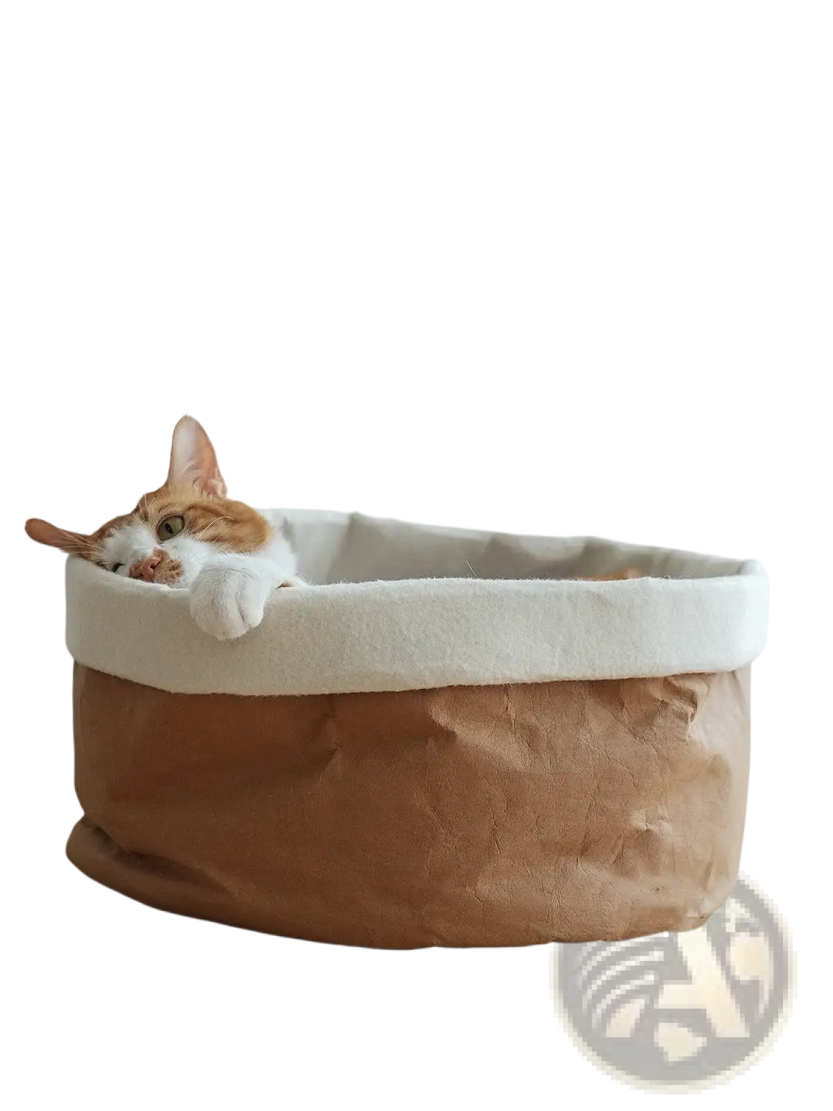 A cozy two-toned kraft paper pet bed with brown exterior and white interior lining for cats and small dogs