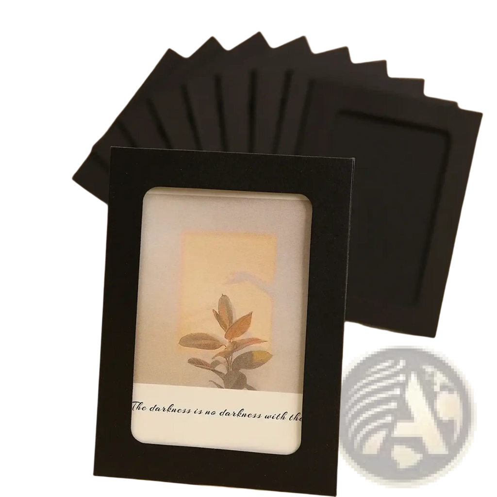 Black rectangular kraft paper photo frame with clear front panel displaying botanical illustration and inspirational text for decor