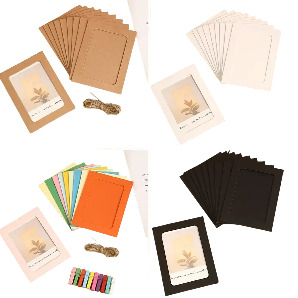 Brown kraft paper photo frames with matte finish and rectangular cutout in white black orange and pink for garland decor