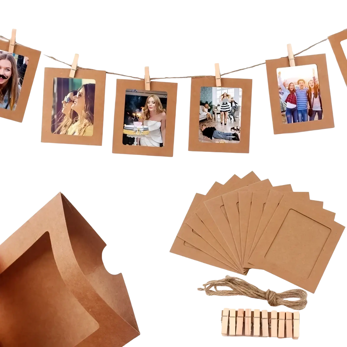 Brown kraft paper photo frames with rectangular cutouts secured by wooden clothespins on twine for birthday wedding decor