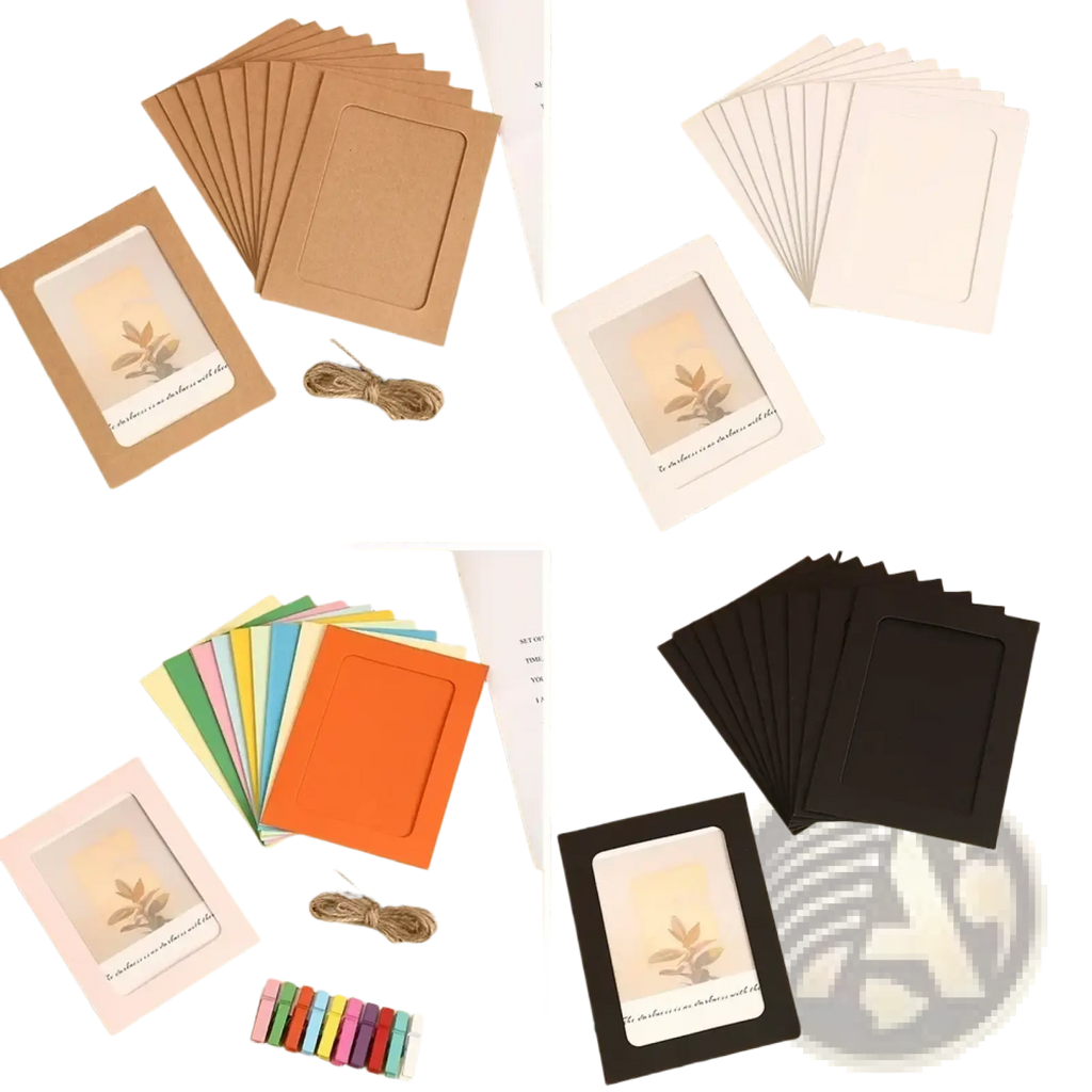 Brown kraft paper photo frames with matte finish and rectangular cutout in white black orange and pink for garland decor