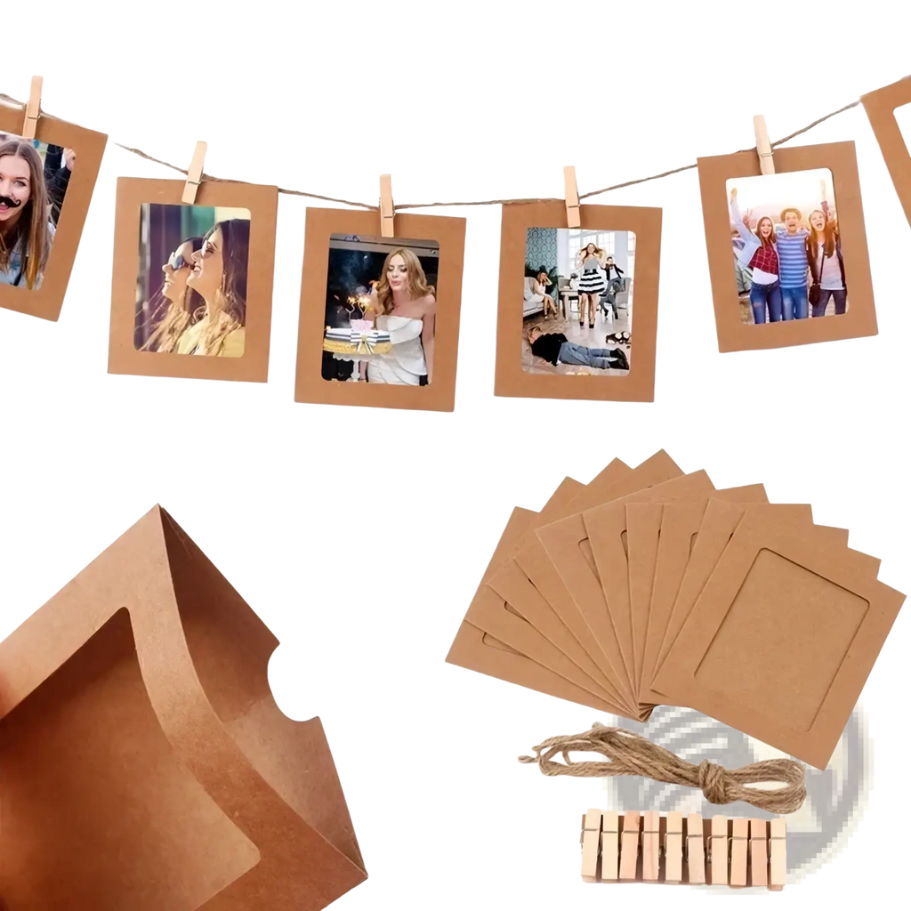 Brown kraft paper photo frames with rectangular cutouts secured by wooden clothespins on twine for birthday wedding decor