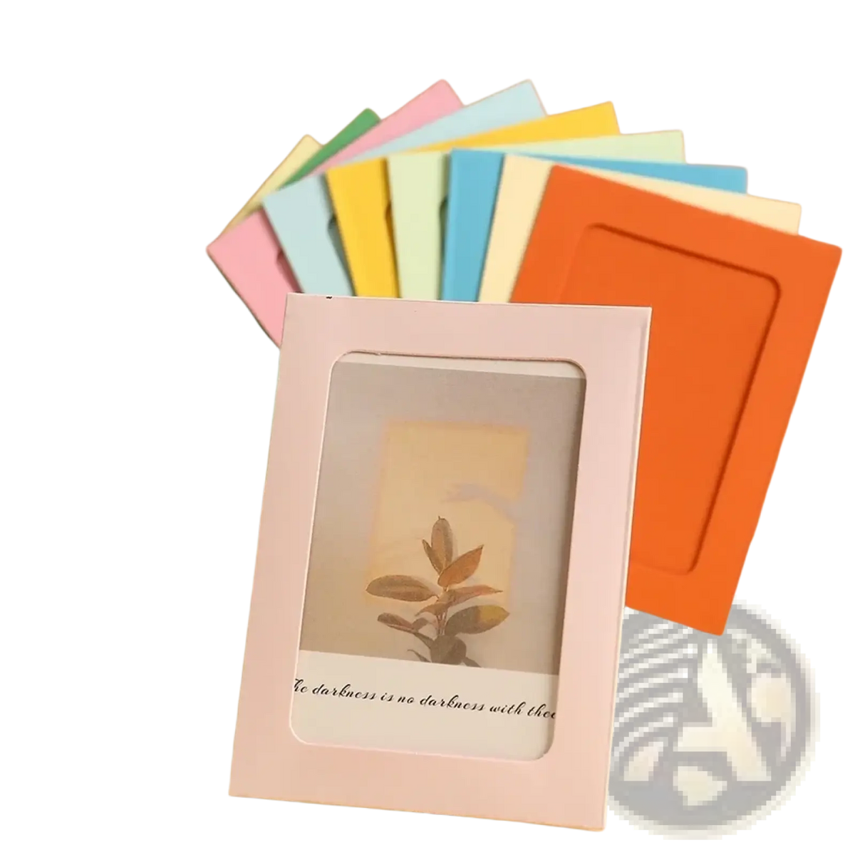 Pastel pink kraft paper photo frame garland with embossed border displaying dried plant on vintage paper for decor