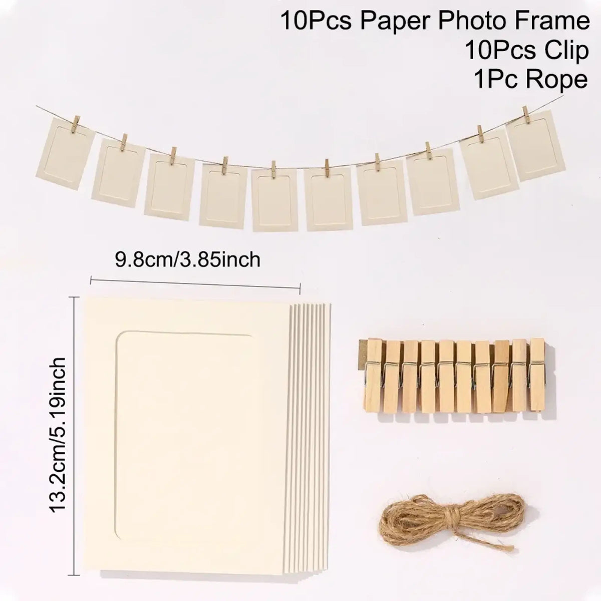 Set of 10 cream-colored kraft paper photo frames with wooden clips and jute rope for rustic birthday wedding decor