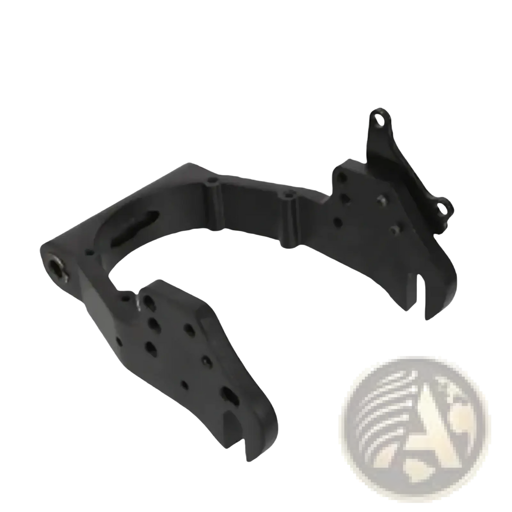 Black e-lion metal bracket with multiple holes and mounting tabs shown from back for kugoo m4 rear fork scooter accessory