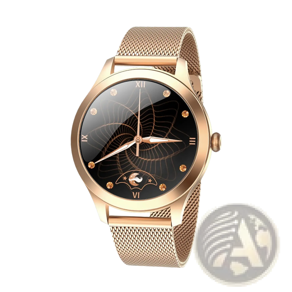 Kw10 pro women rose gold mesh smartwatch with butterfly dial black face roman numerals and golden gemstone markers