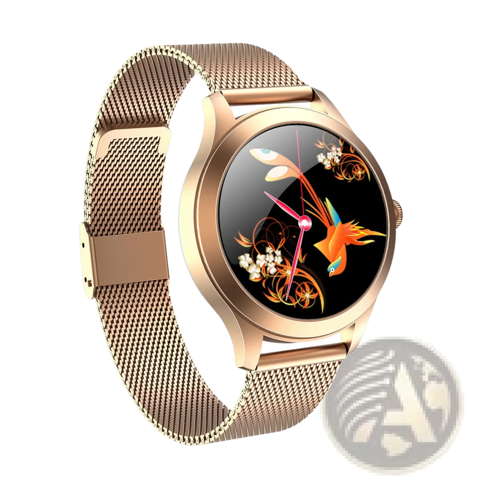 Kw10 pro women rose gold mesh smartwatch with black face featuring an ornate orange and blue bird and white flowers design