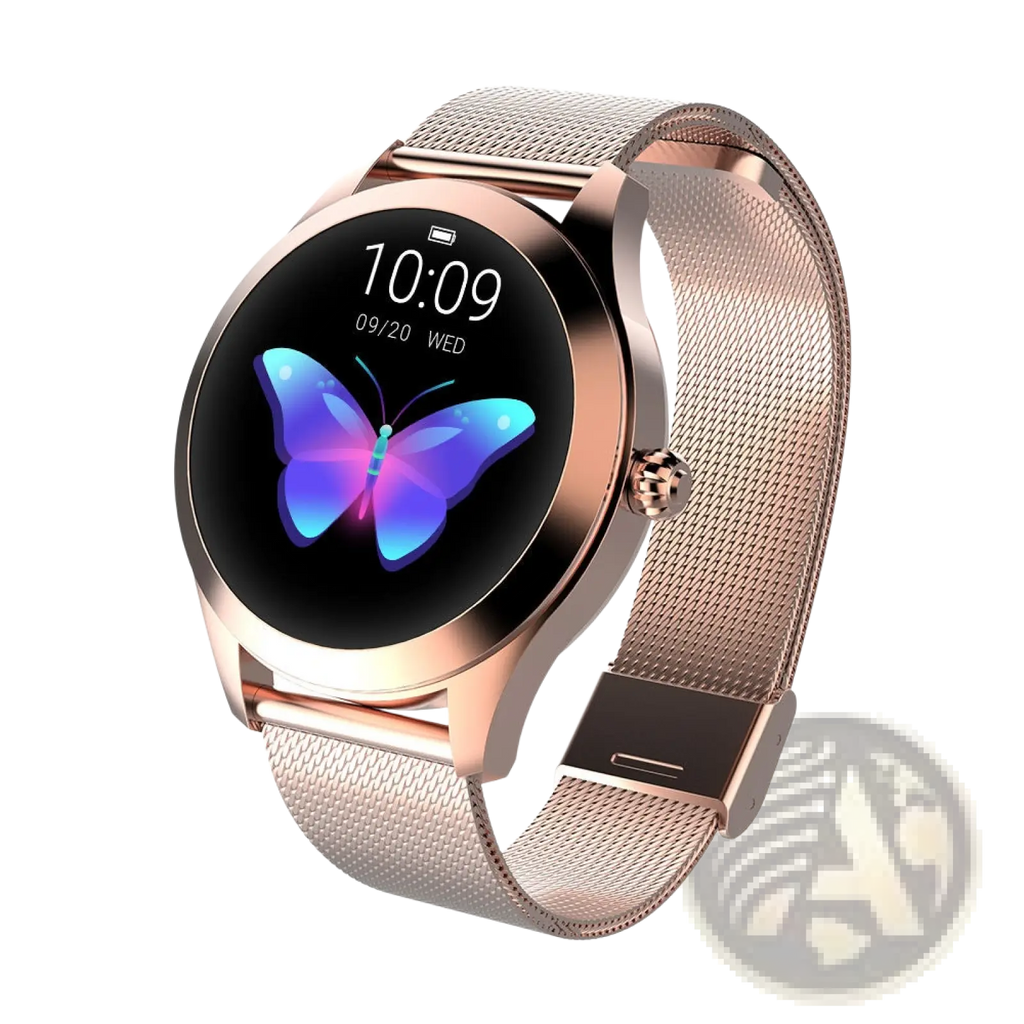 Kw10 Pro women rose gold mesh smartwatch with circular screen displaying glowing blue and purple butterfly dial